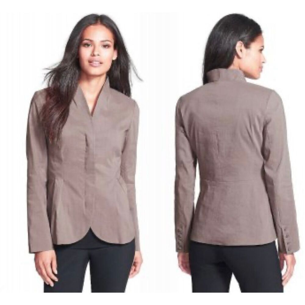 Eileen Fisher Women’s Small High Collar Peplum Jacket Gray Linen Blend Pockets